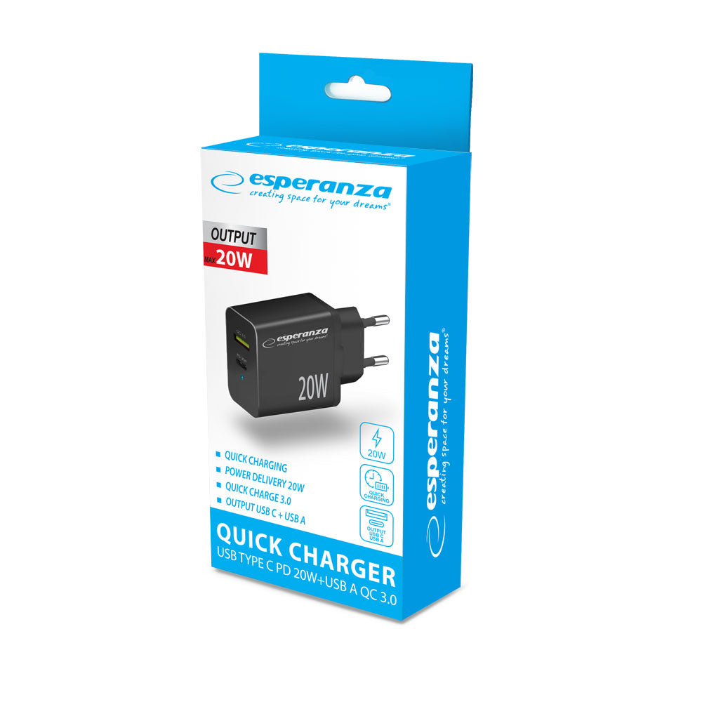 Esperanza Quick Fast Charger 20W USB-C PD 20W / USB-A QC 3.0 18W Preto