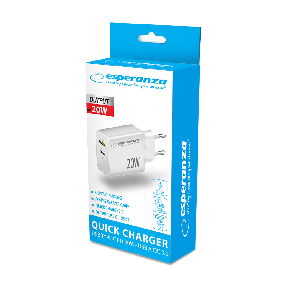 Esperanza Quick Fast Charger 20W USB-C PD 20W / USB-A QC 3.0 18W Branco