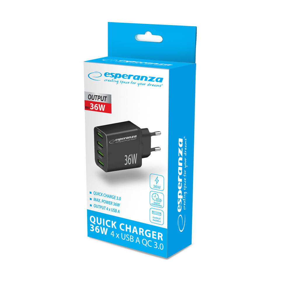 Esperanza Quick Fast Charger 36W 4x USB-A QC 3.0 18W Preto