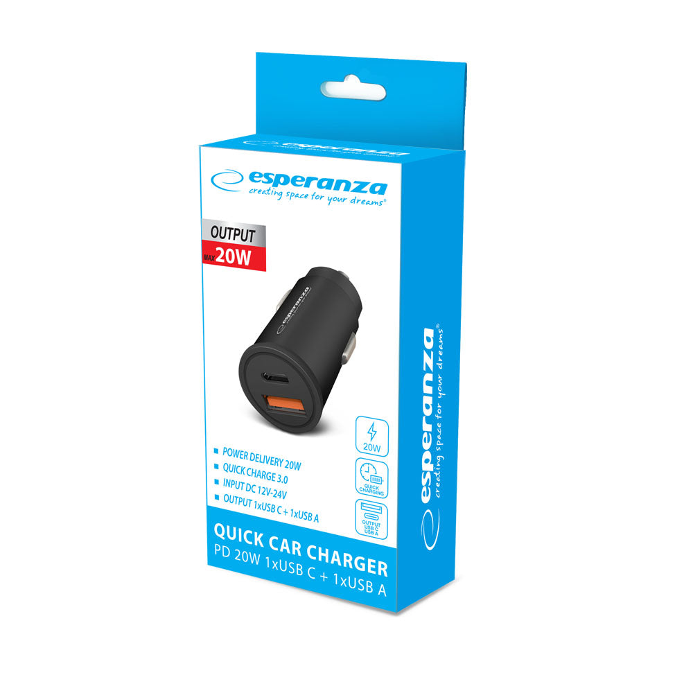 Esperanza Quick Fast Charger Carro USB-C PD 20W / USB-A QC 3.0 18W