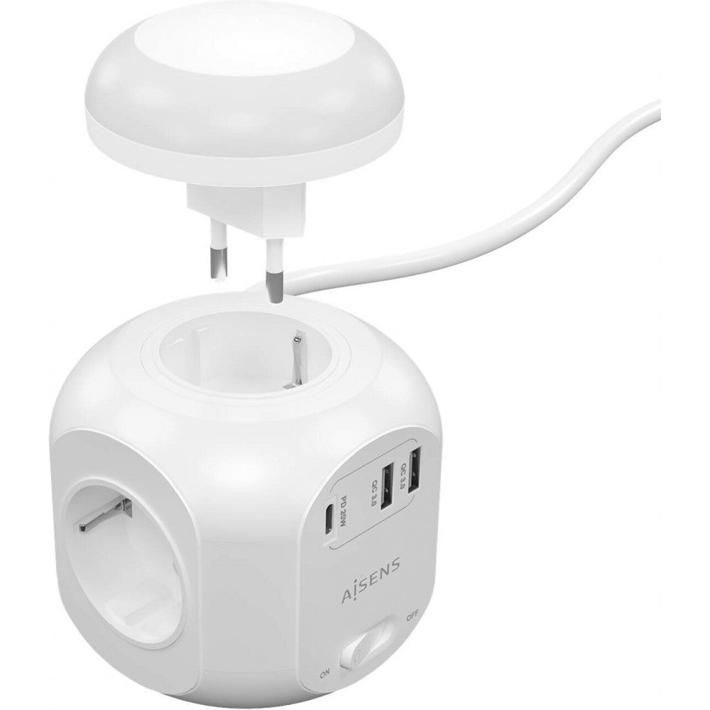 Cubo Extensão Elétrica 4 Tomadas + USB-C 20W + 2 USB-A QC3.0 com Luz Noturna 1.8m
