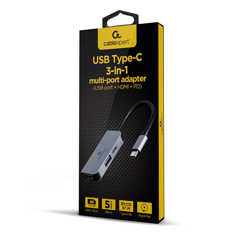 HUB USB-C Adaptador Gembird USB-C 3-in-1 (USB + HDMI + USB-C PD)