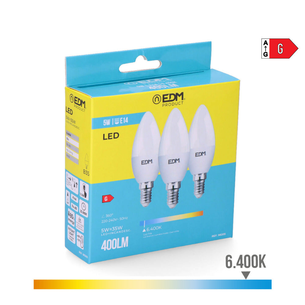 Kit 3 Lâmpadas Vela LED EDM / Luz Fria 6400K / Ø3.6x10cm / 98205