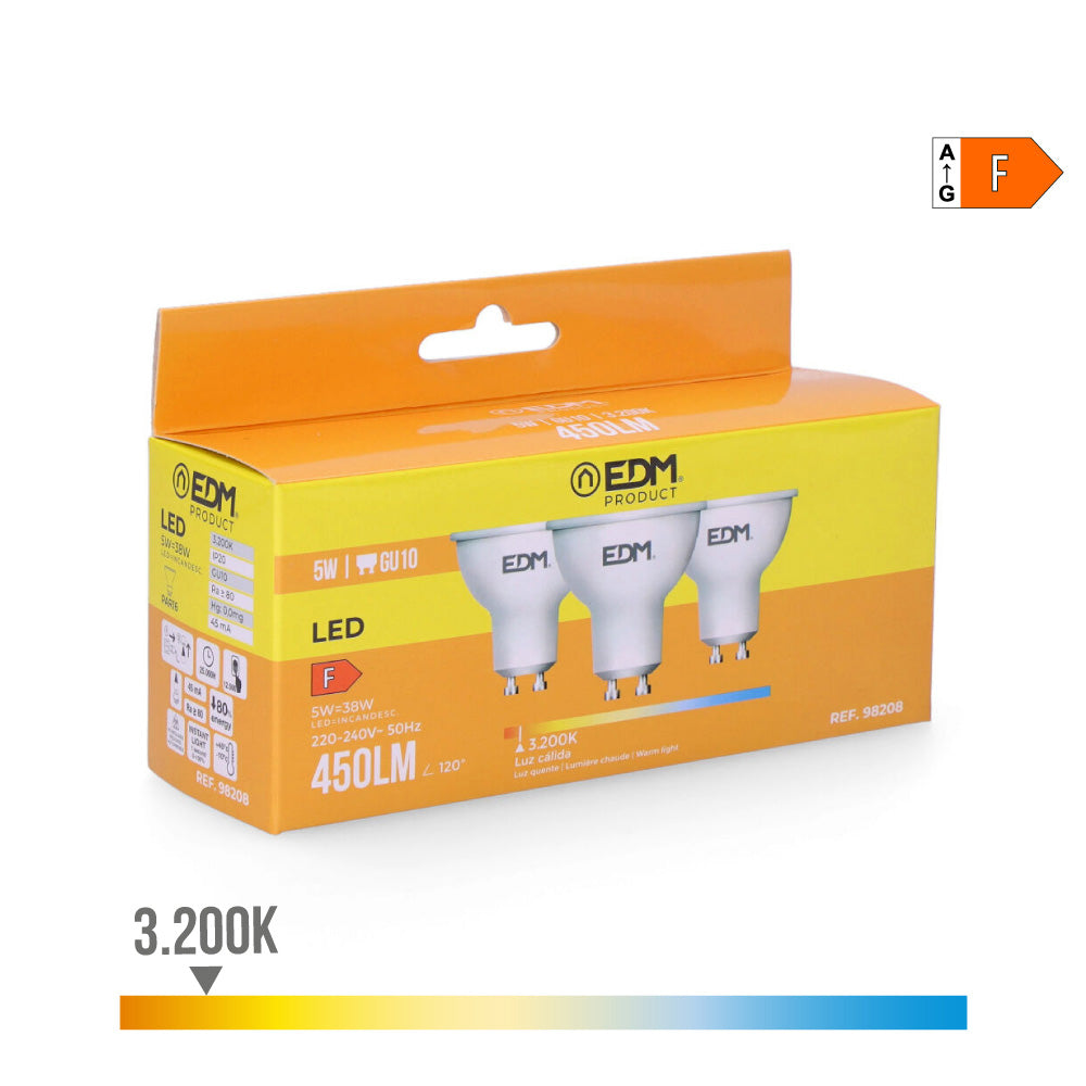 Kit 3 Lâmpadas Dicroicas LED EDM / 5W 450lm 3200K Luz Quente / Ø5x5,5cm / 98208