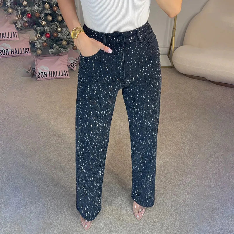 Y2K Shiny Rhinestone Wide Leg Jeans – High Street Full Diamond Denim for Women