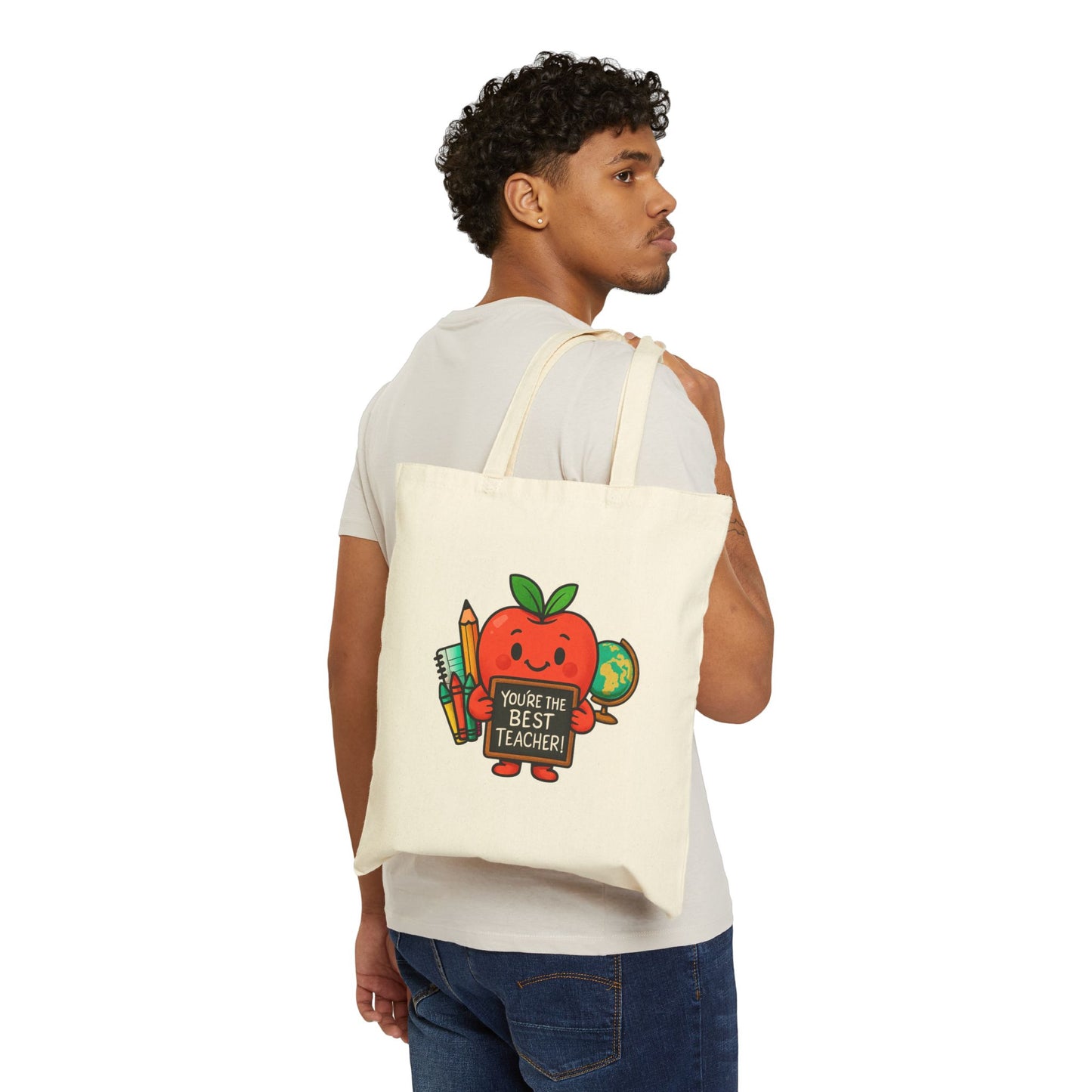 Teacher Appreciation Canvas Tote — "You're the Best Teacher" Apple & School Supplies Gift Bag
