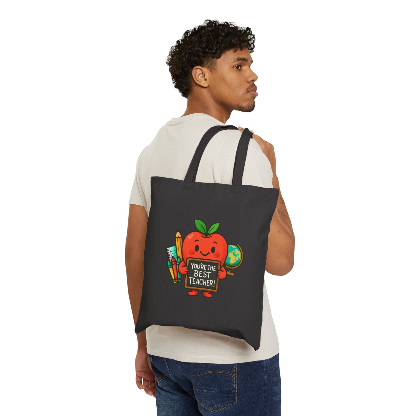 Teacher Appreciation Canvas Tote — "You're the Best Teacher" Apple & School Supplies Gift Bag
