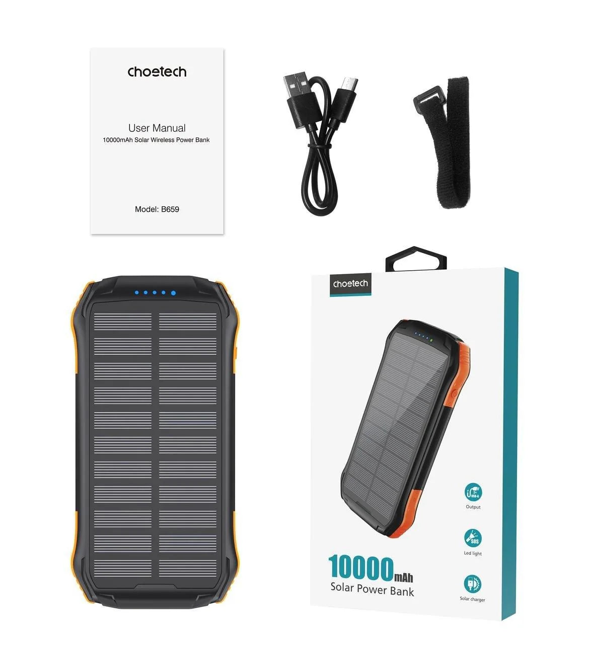 Power Bank Solar 10000mAh Qi Carregamento Wireless 5W Choetech B659