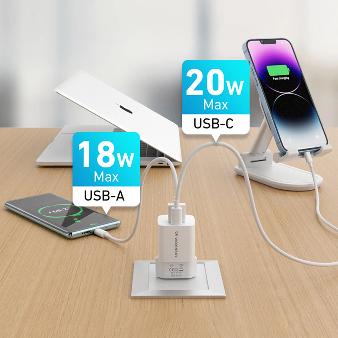 Wozinsky WWCEAC Carregador de Parede GaN 33W USB-A USB-C / Branco