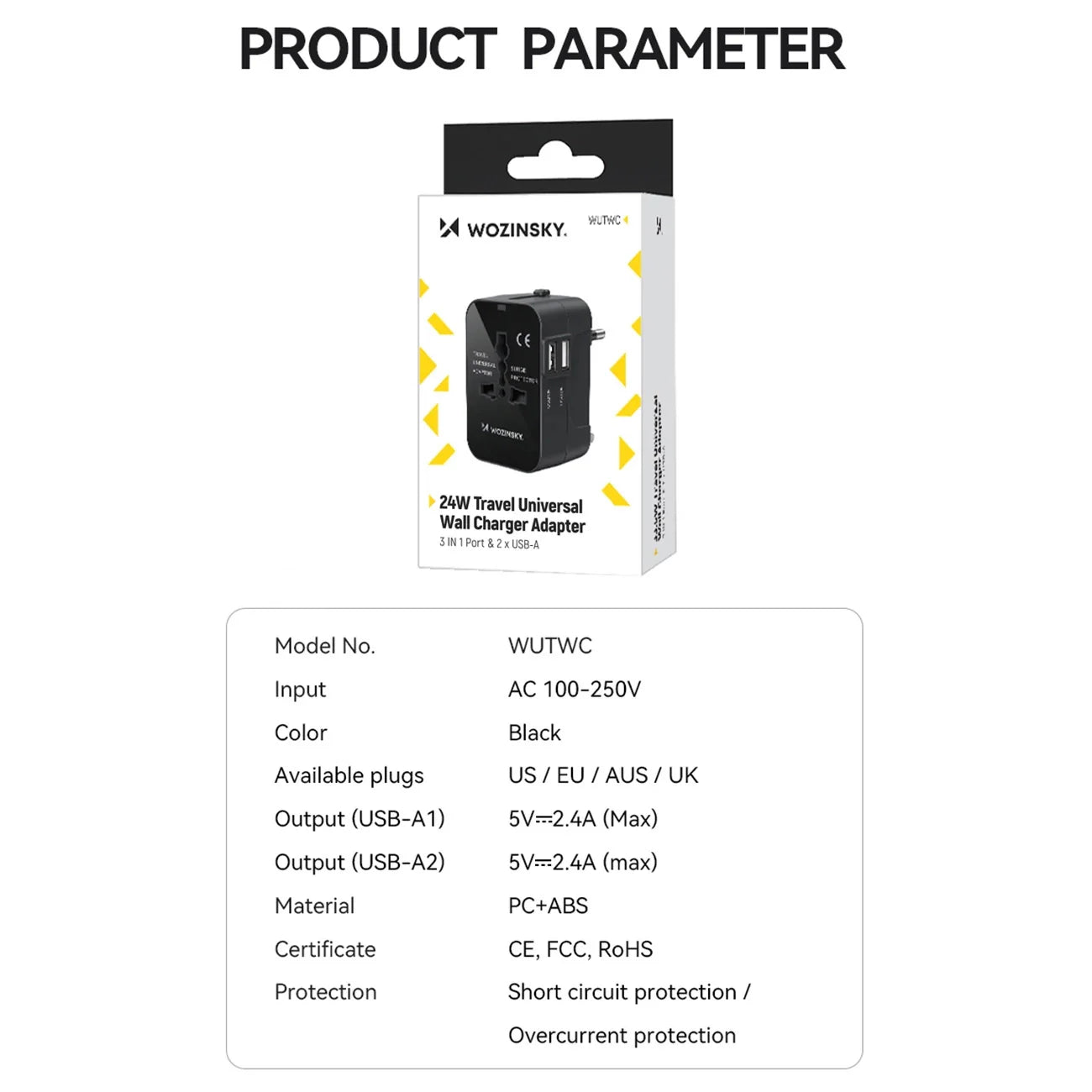 Adaptador de Viagem Universal Wozinsky WUTWC 24W EU/US/AUS/UK 2x USB-A
