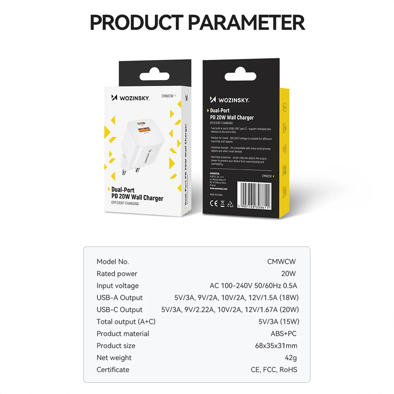 Carregador de Parede USB-C + USB-A 20W Wozinsky CMWCW Branco