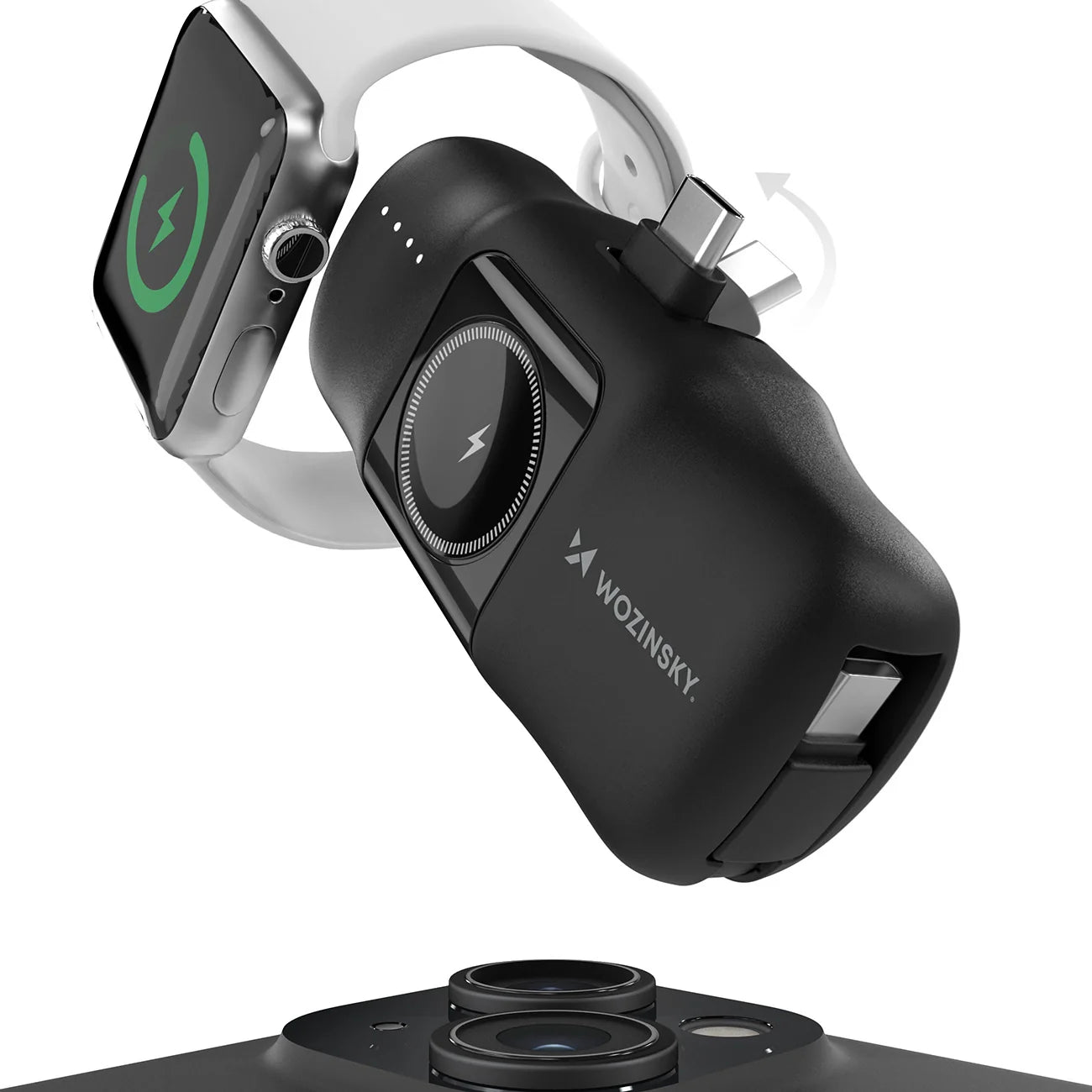 Mini Power Bank Wozinsky WF16-YCS Preta / 5000mAh / 15W / USB-C / com Cabo USB-C Integrado e Carregador para Apple Watch