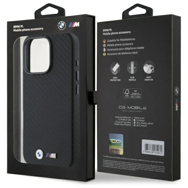 Capa para iPhone 16 Pro da BMW em Carbono com Logo e Kit M Preta