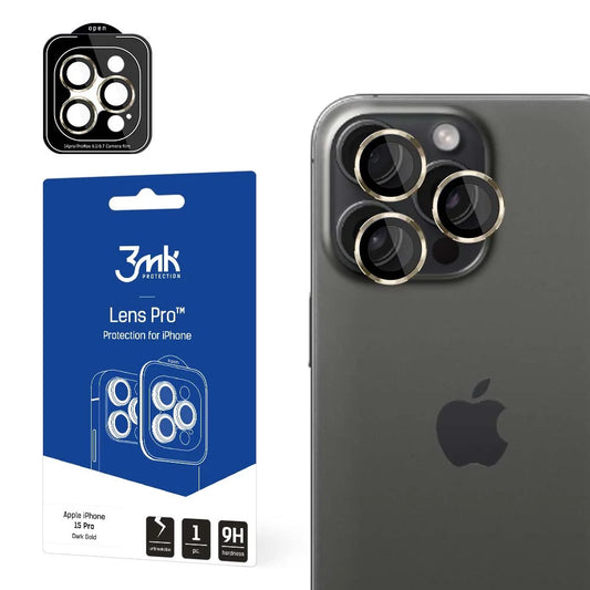 Película de Proteção 3mk para Lente de iPhone 15 Pro / com Moldura Dourada / Lens Protection Pro