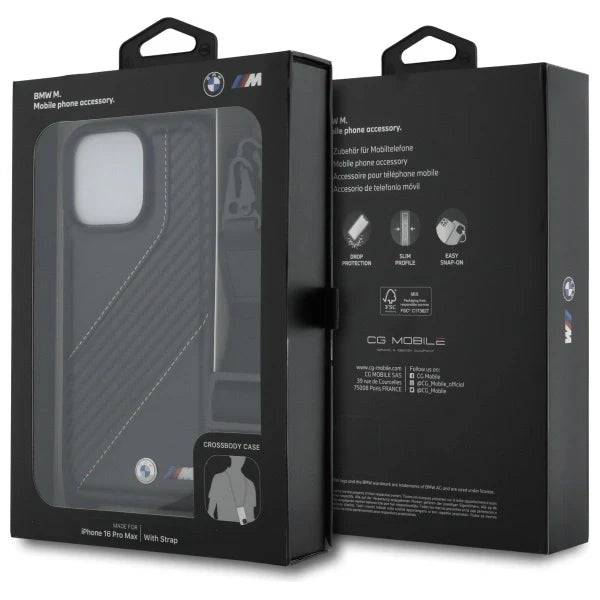 Capa para iPhone 16 Pro Max BMW em Carbono e com Fita Preta