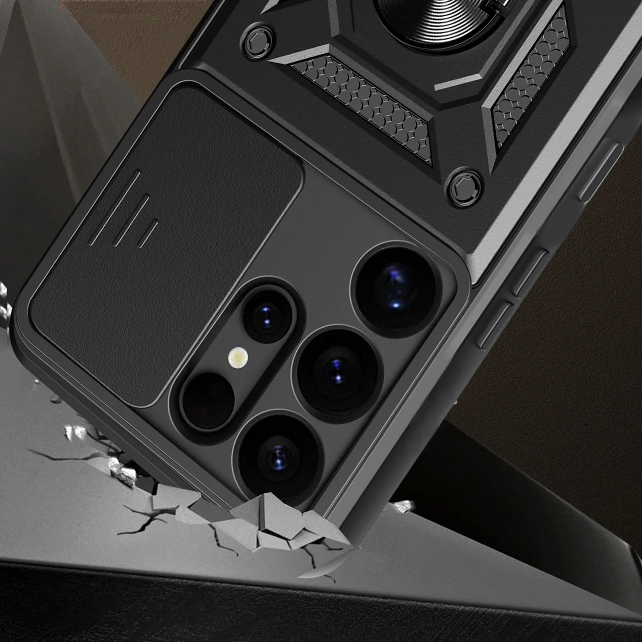 Capa Hybrid Armor Camshield com Anel Metálico para Samsung Galaxy S25 Ultra Preta