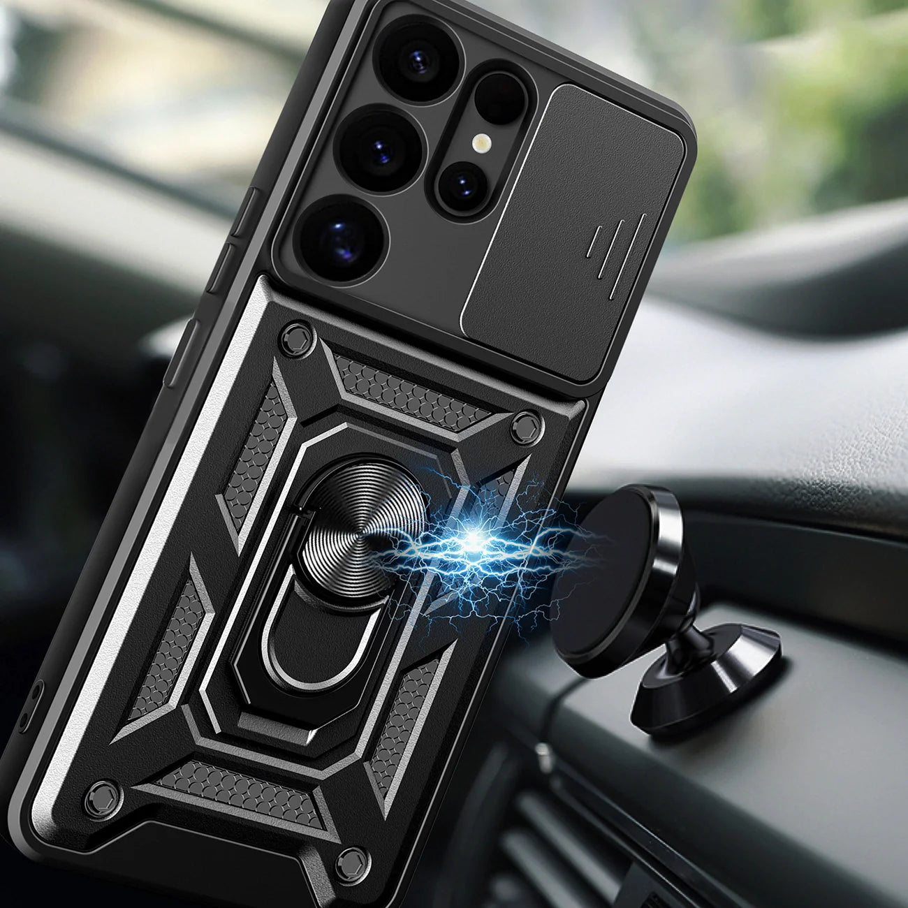 Capa Hybrid Armor Camshield com Anel Metálico para Samsung Galaxy S25 Ultra Preta