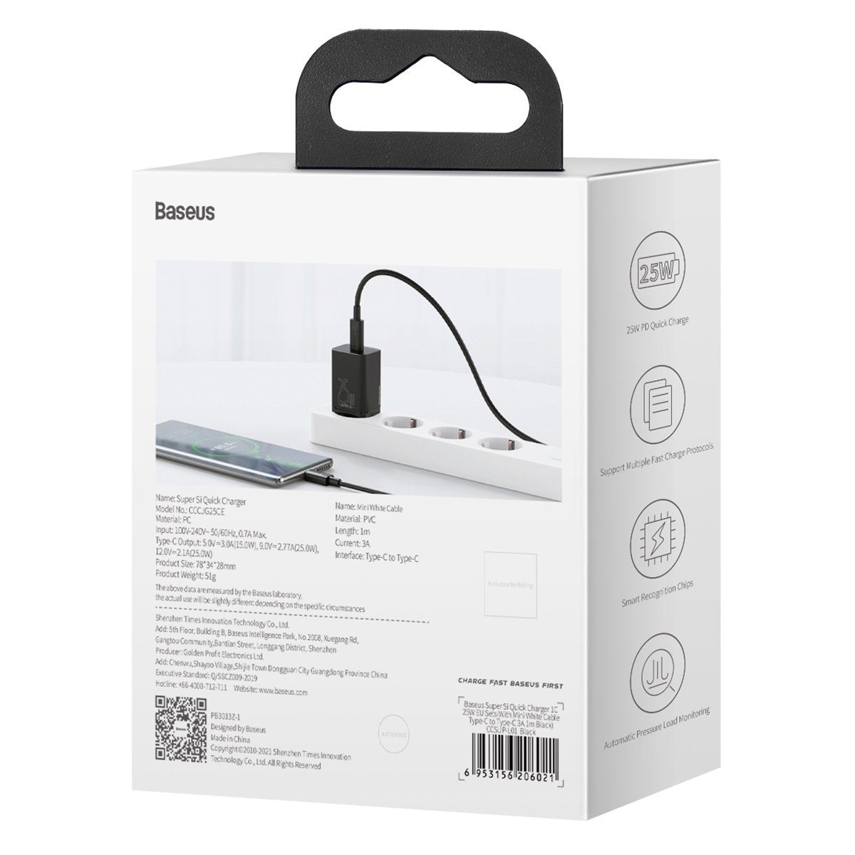 Carregador Baseus Super Si QC 3.0 PD 25W 3A + Cabo USB Type C 1m Preto