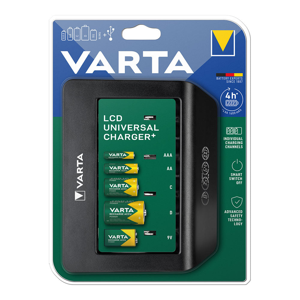 VARTA Carregador de Pilhas Universal para pilhas AA/AAA/C/D/9V recarregáveis e dispositivos USB LCD Universal Charger+