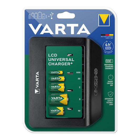 VARTA Carregador de Pilhas Universal para pilhas AA/AAA/C/D/9V recarregáveis e dispositivos USB LCD Universal Charger+
