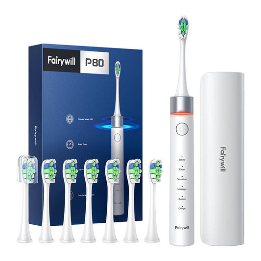 FairyWill FW-P80 escova de dentes Elétrica com conjunto de pontas e estojo (Branco)