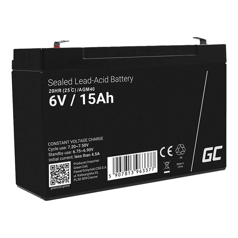 Bateria Chumbo Gel AGM 6V 15A Green Cell