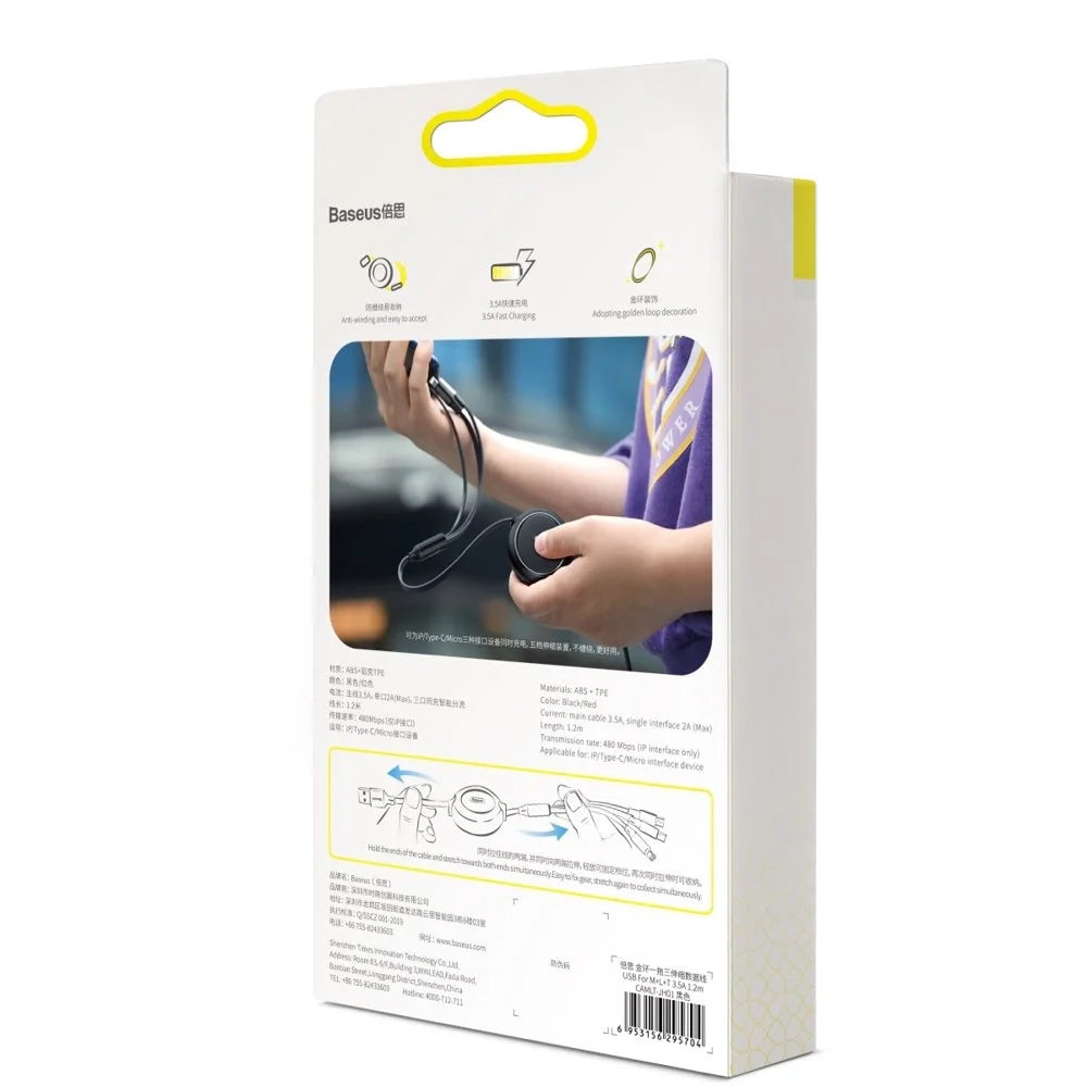 Cabo Extensível 3 em 1 USB-A para Micro USB / Lightning / USB-C 35-120cm Baseus Golden Loop