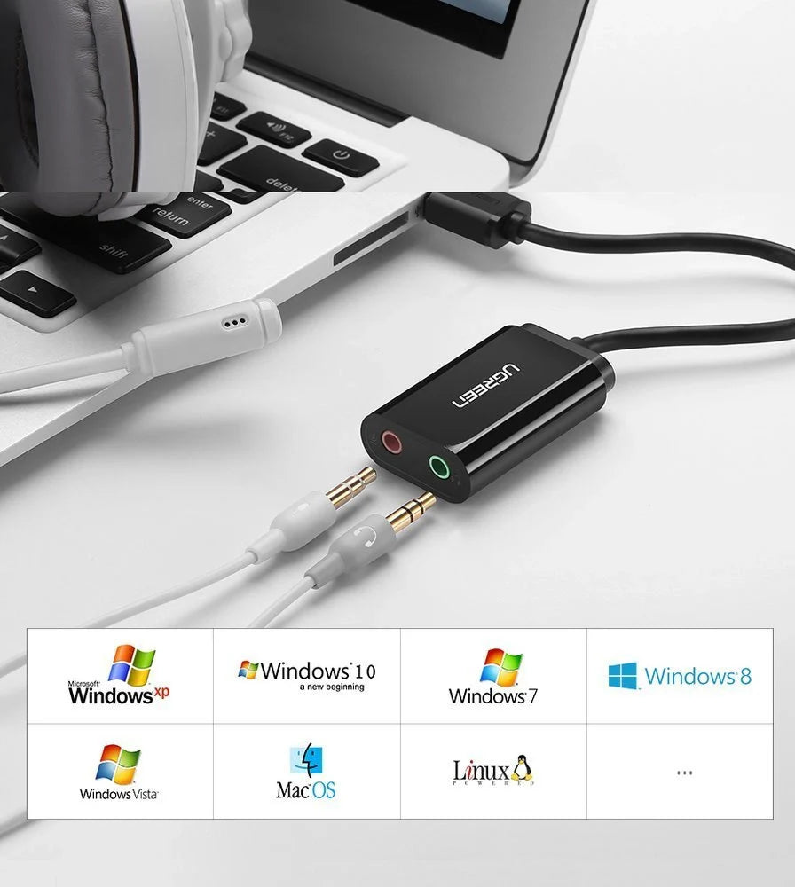 Placa de Som USB UGREEN US205 USB 2.0 para 2x3.5mm Preta
