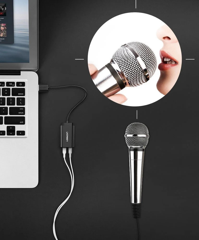 Placa de Som USB UGREEN US205 USB 2.0 para 2x3.5mm Preta