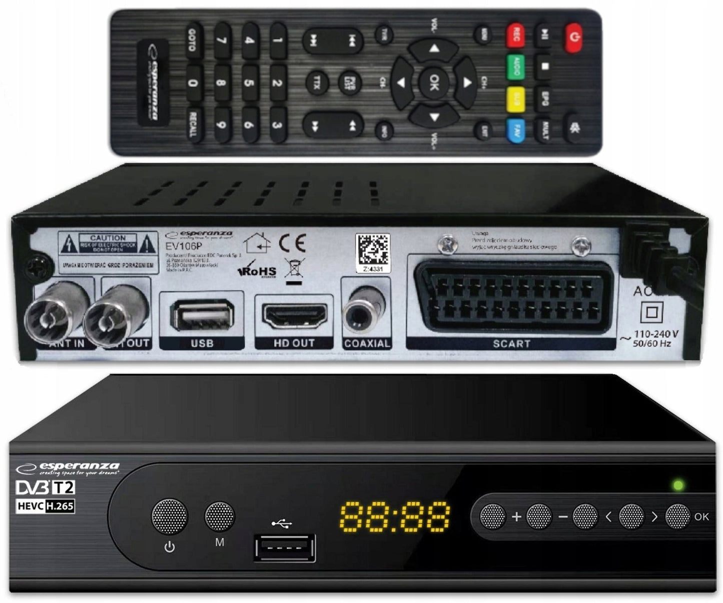 Recetor TDT Full HD DVB-T/T2 H.265 HEVC Display/Botões Frontais ESPERANZA