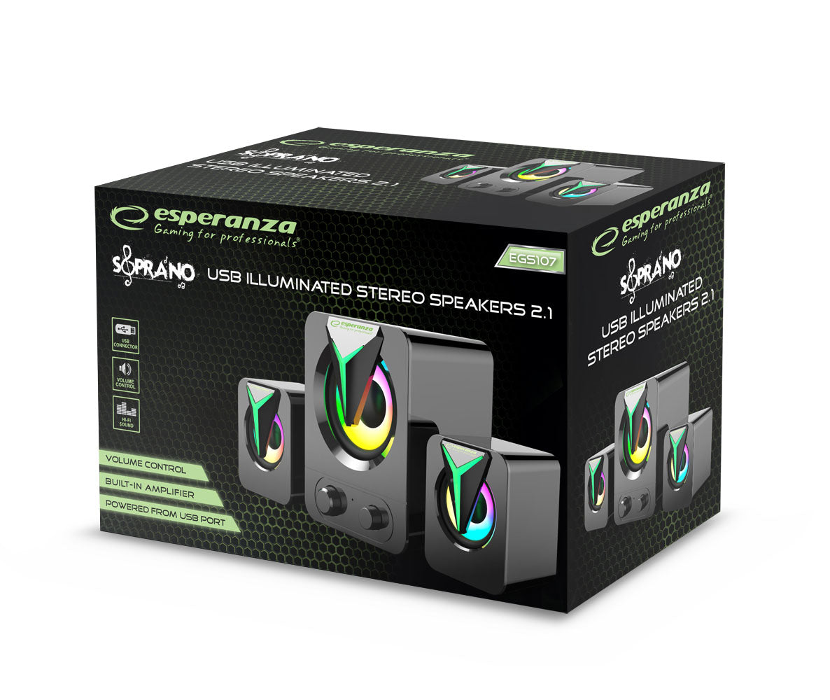 ESPERANZA Colunas USB 2.1 5W Pretas com LED Rainbow