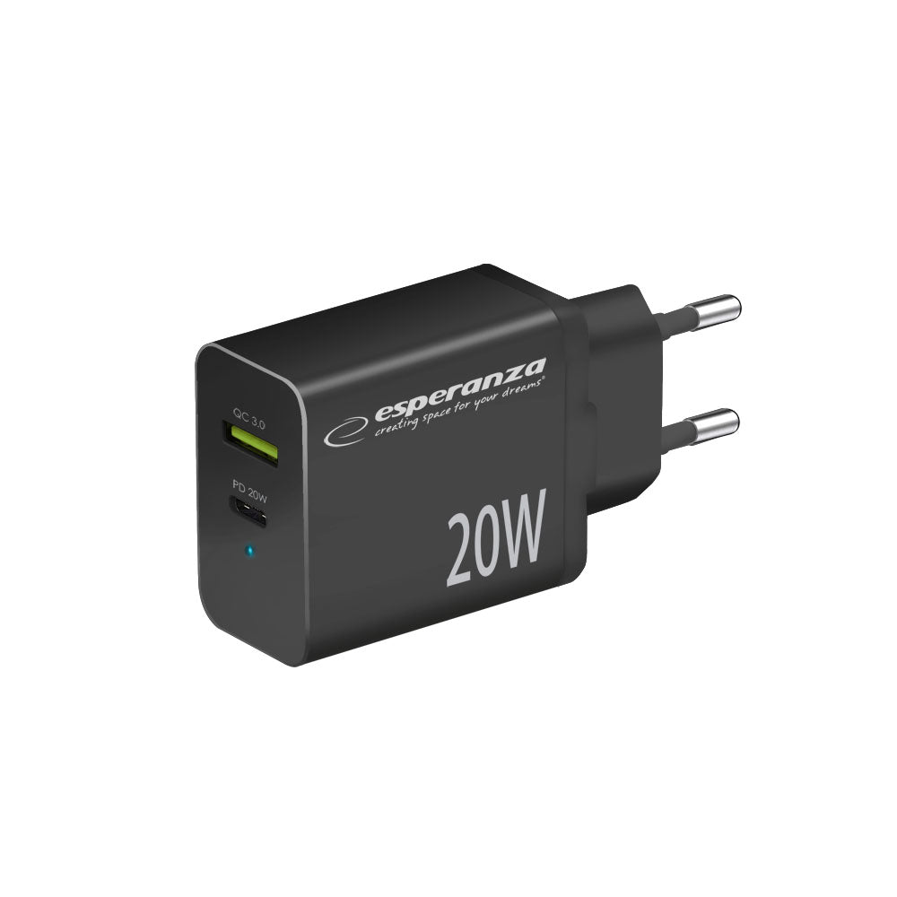 Esperanza Quick Fast Charger 20W USB-C PD 20W / USB-A QC 3.0 18W Preto