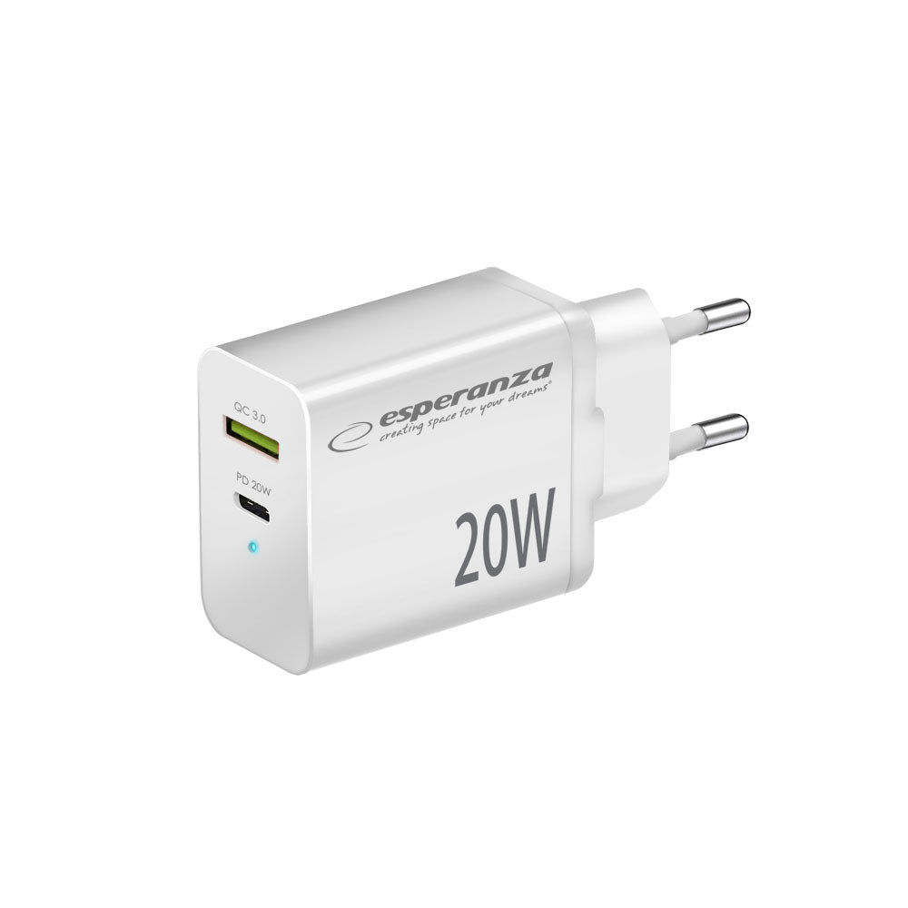 Esperanza Quick Fast Charger 20W USB-C PD 20W / USB-A QC 3.0 18W Branco