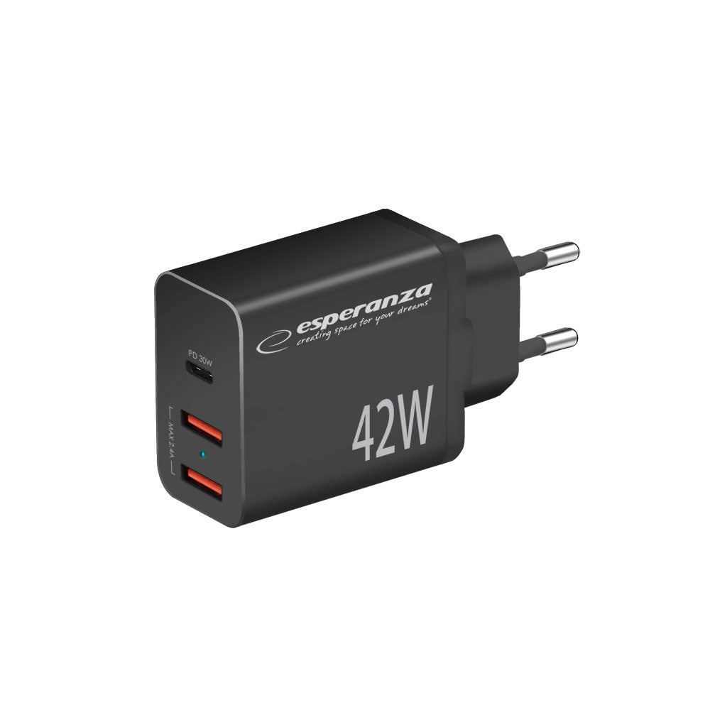 Esperanza Quick Fast Charger 42W USB-C PD 30W / 2x USB-A 12W Preto