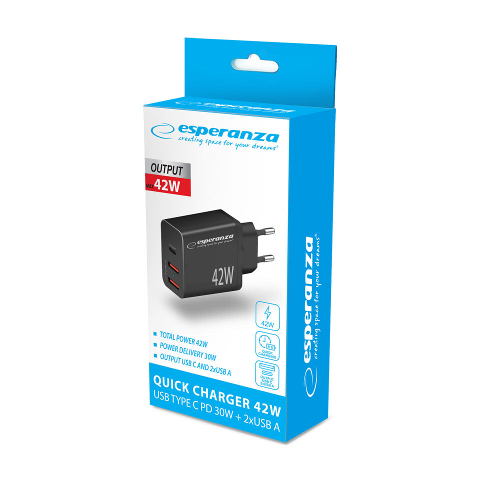 Esperanza Quick Fast Charger 42W USB-C PD 30W / 2x USB-A 12W Preto