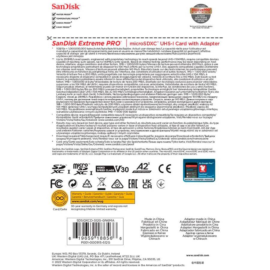 Cartão microSDXC SanDisk Extreme PRO 512GB (200MB/s) com Adaptador SD