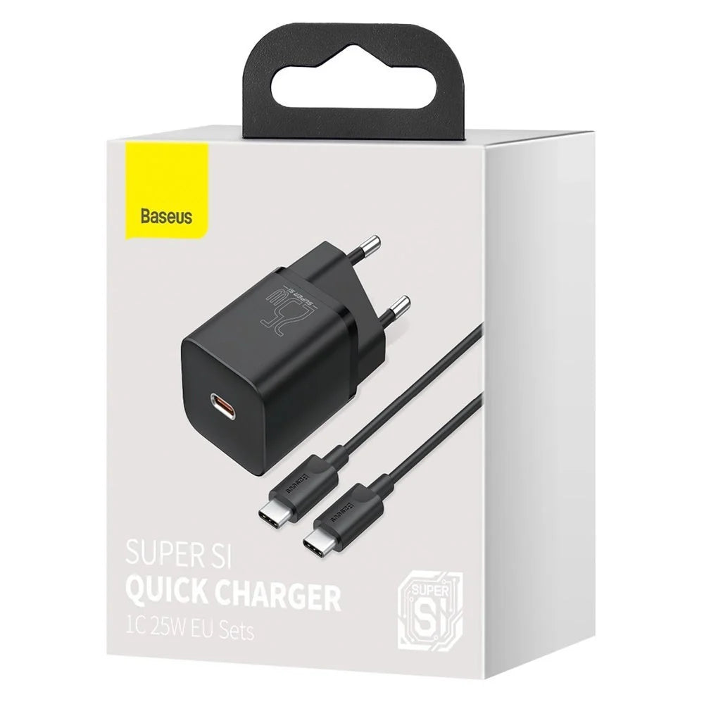Carregador Baseus Super Si QC 3.0 PD 25W 3A + Cabo USB Type C 1m Preto
