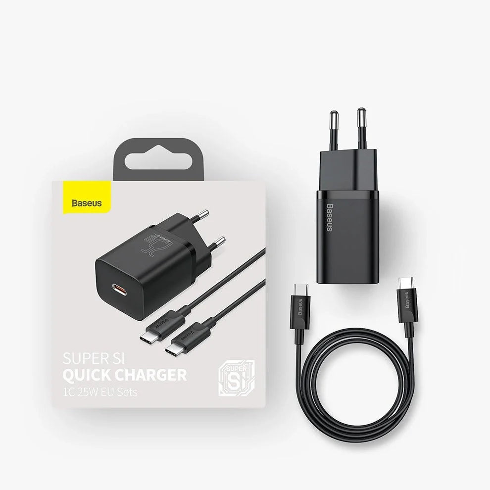 Carregador Baseus Super Si QC 3.0 PD 25W 3A + Cabo USB Type C 1m Preto