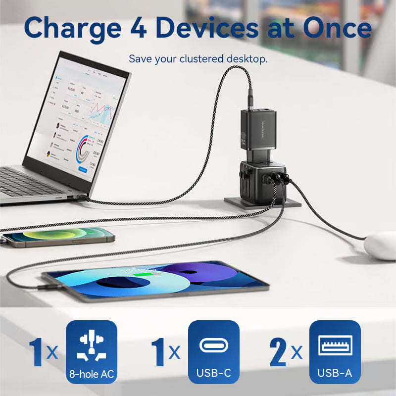 Carregador Adaptador de Viagem Universal Vention 65W 1x USB-C 2x USB-A