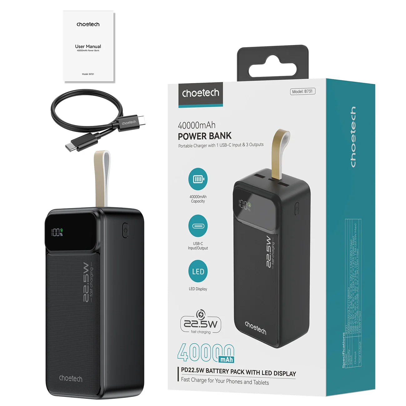 Powerbank Choetech PD22.5W Dual USB-A+Type-C 40000mAh Preto
