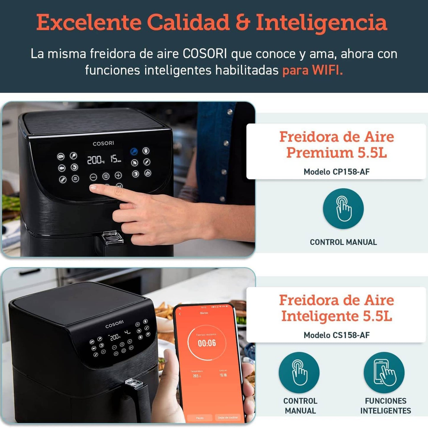 Fritadeira Air Fryer (Sem Óleo) COSORI ‎CS158-AF Smart (Wi-Fi) Premium Chef Edition 5.5L 1700W Preta