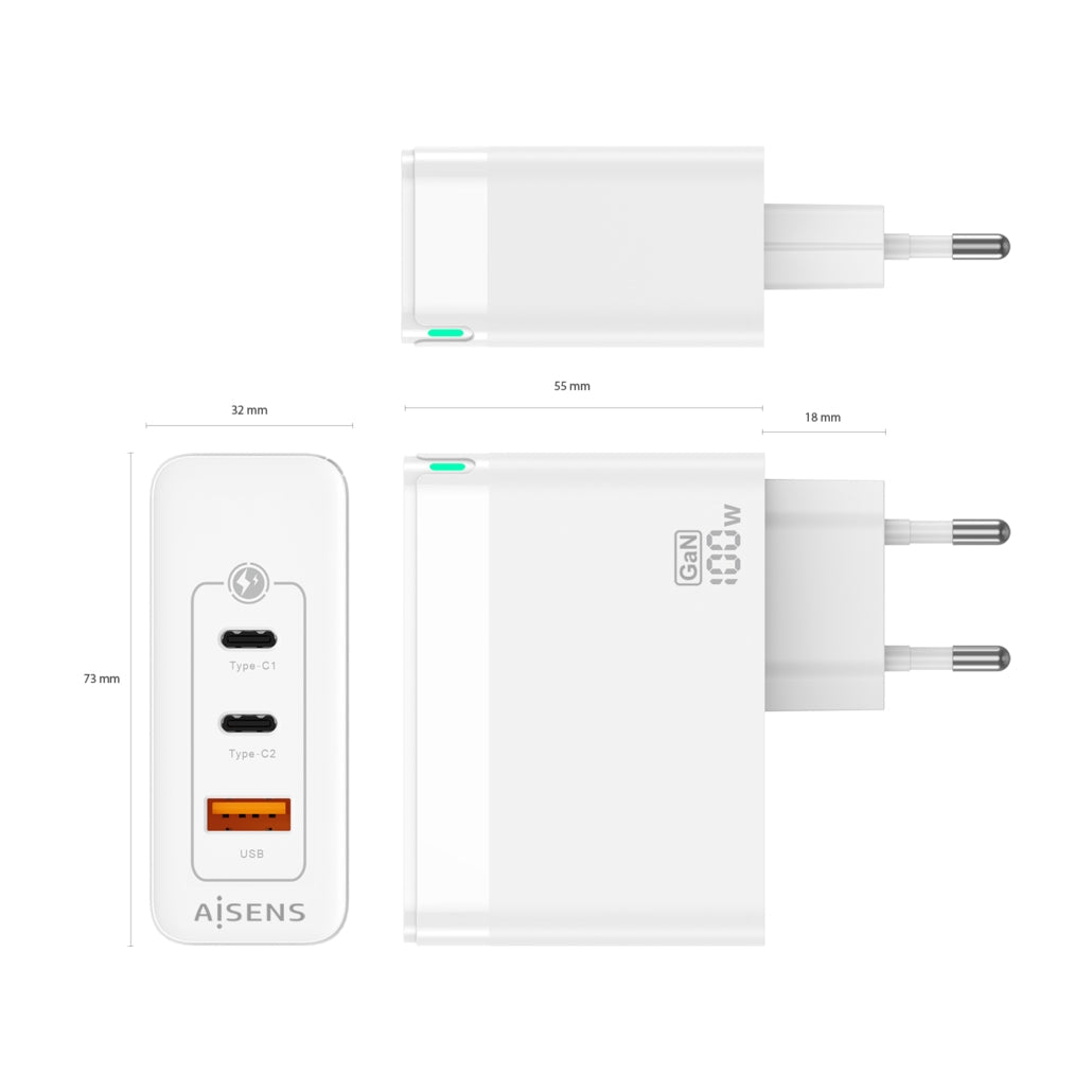 Carregador de Parede 2x USB-C + 1x USB-A 100W AISENS 100W3P008-W Branco