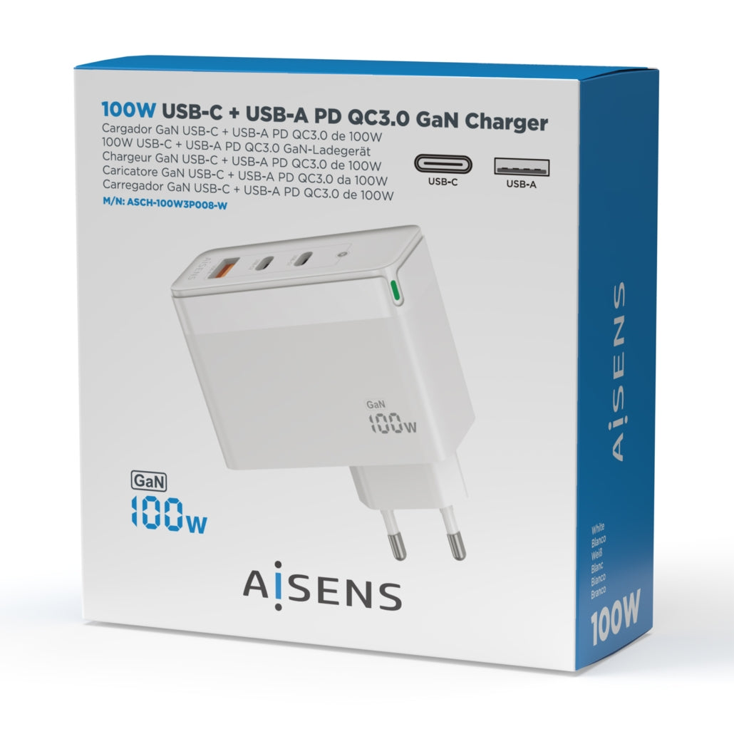 Carregador de Parede 2x USB-C + 1x USB-A 100W AISENS 100W3P008-W Branco