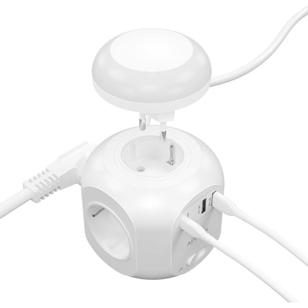 Cubo Extensão Elétrica 4 Tomadas + USB-C 20W + 2 USB-A QC3.0 com Luz Noturna 1.8m