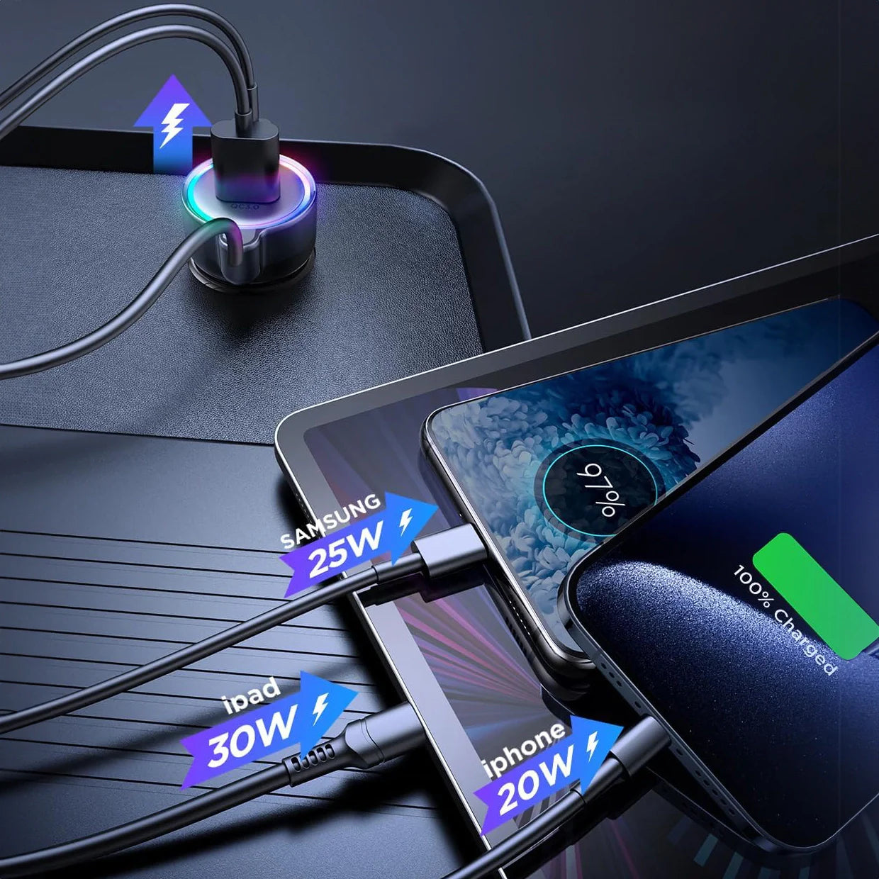 Carregador Isqueiro 3 em 1 USB-A + USB-C + Cabo USB-C 1.5M 55W Preto Joyroom Jr-Cl07