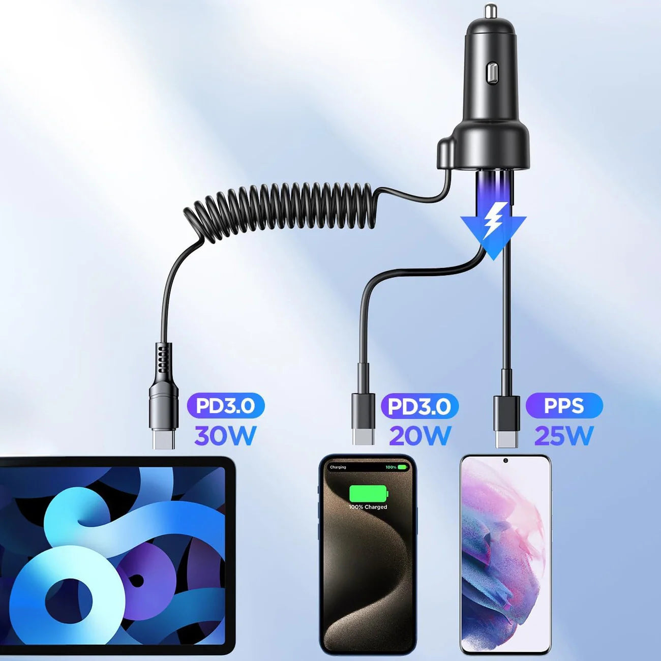 Carregador Isqueiro 3 em 1 USB-A + USB-C + Cabo USB-C 1.5M 55W Preto Joyroom Jr-Cl07