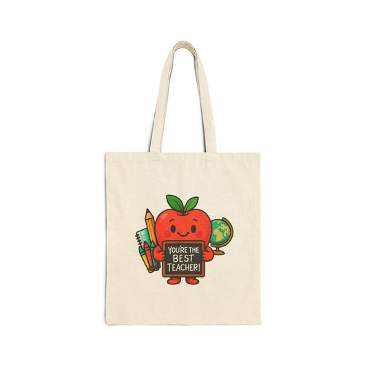 Teacher Appreciation Canvas Tote — "You're the Best Teacher" Apple & School Supplies Gift Bag