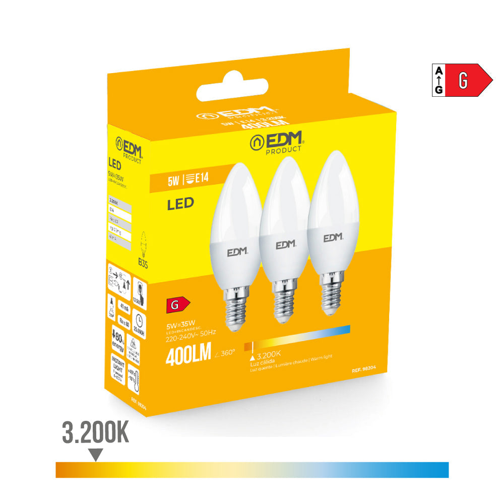 Kit 3 Lâmpadas Vela LED EDM / Luz Quente 3200K / Ø3.6x10cm / 98204