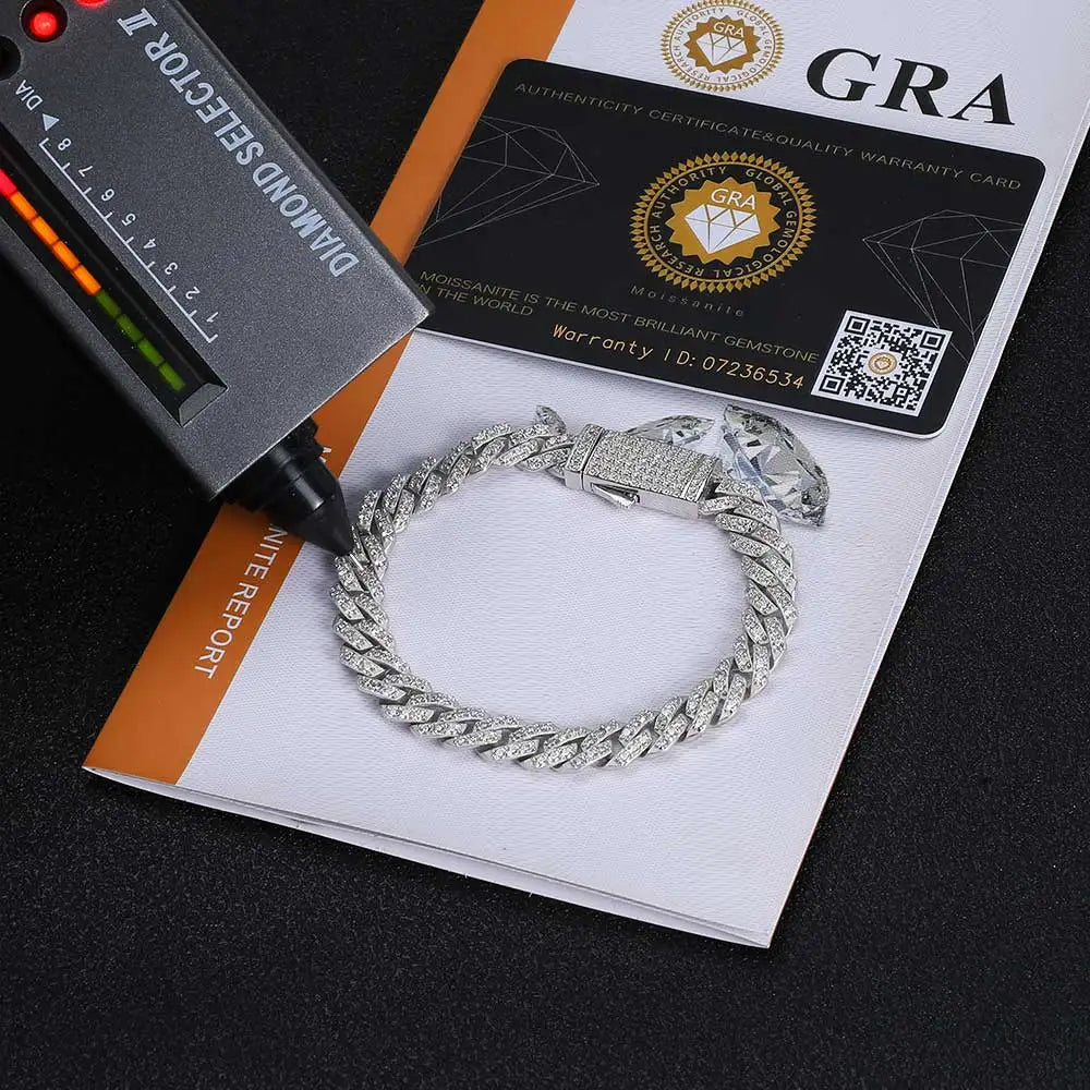 Miami Cuban Link Bracelet – Luxury 925 Silver Pulseira Masculina com Pedras VVS Moissanite | GRA Certified Iced-Out Dripication