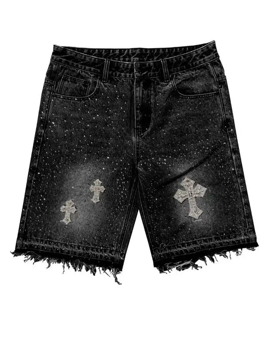 Vintage Cross Rhinestone Denim Shorts – Y2K Retro Baggy Harajuku Hip Hop Black Jeans for Men